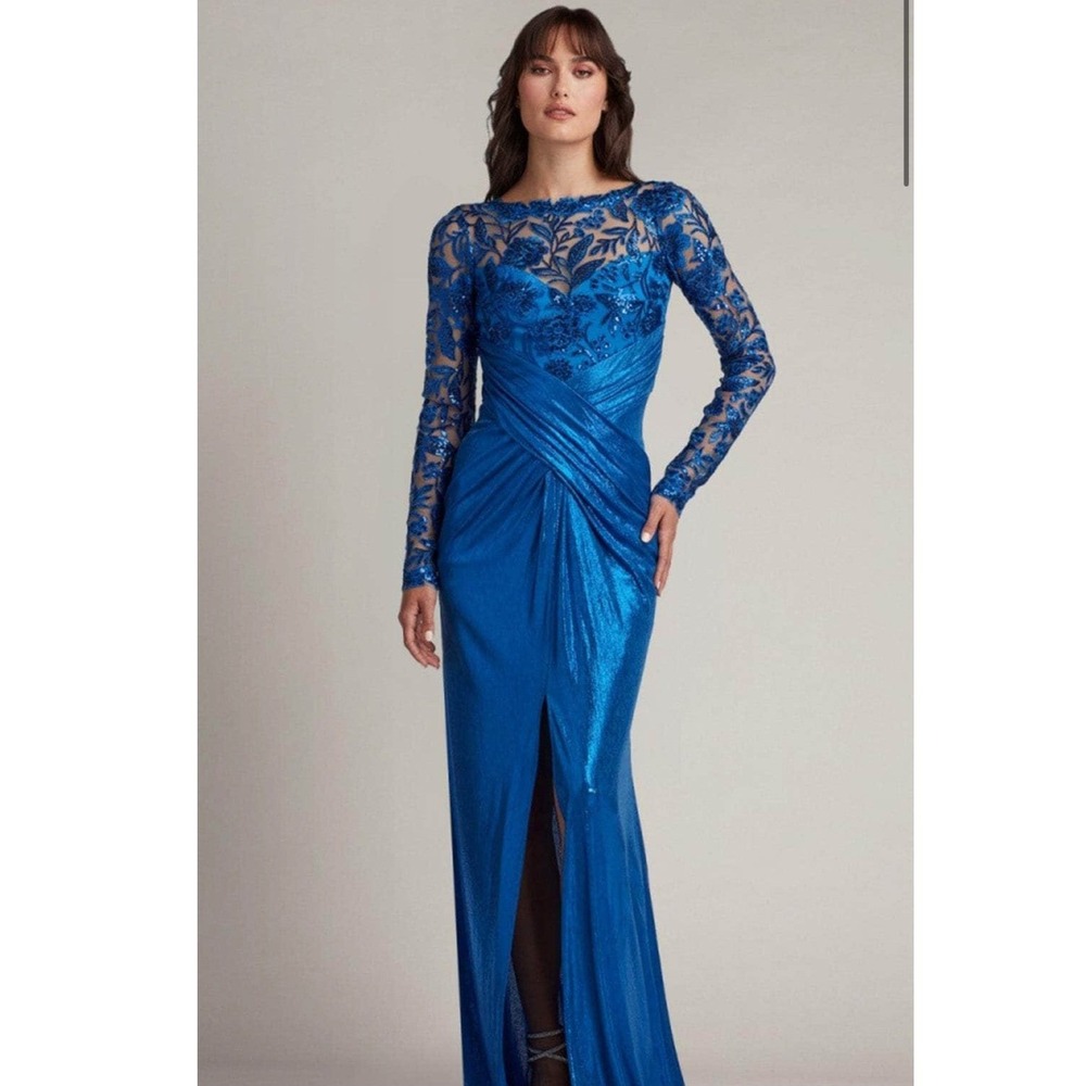 Tadashi Shoji Blue Sequin Lace Draped Metallic Gown CDL22865L Size 6